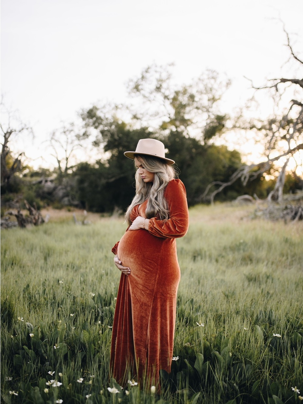 BALTIC BORN • Sofia velvet rust maxi dress with puff sleeves